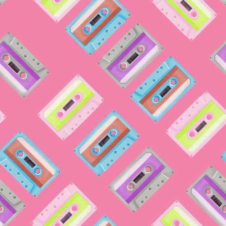 Seamless pattern cassette from portable 80s, 90s style retro player in bright acid colors. Watercolor illustration on a bright pink background in realistic style for websites, fabric or theme partyの写真素材