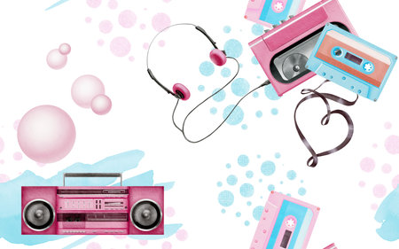 Seamless pattern 80s,90s style in bright colors.Watercolor illustrations of tape recorder,player with headphones,tape cassette with a tape in the shape of a heart,bubble gum,background comic and spotsの写真素材