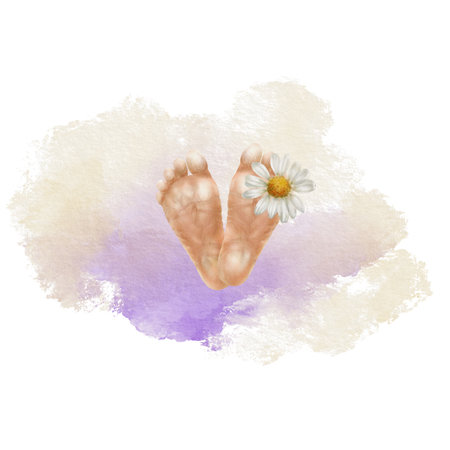 The babys feets with daisy and purple spot as a symbol of love and tenderness.llustrations for World Premature Baby Day,Childrens Day.Hand drawn watercolor clipart on transparent backgroundの写真素材