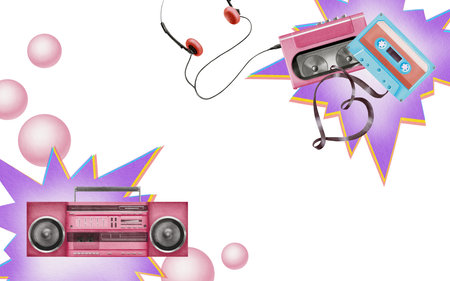 Template in 80s,90s style in bright colors.Watercolor illustrations of tape recorder,player with...