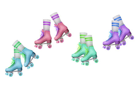 Vintage multicolored vibrant roller skates with sports socks with two stripes in motion as a...