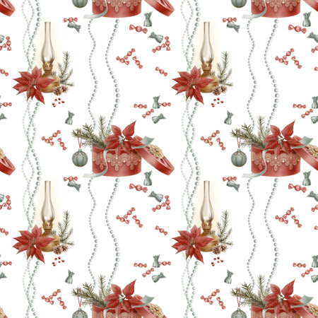 Vintage christmas seamless pattern round hat box with lid covered in red velvet with lace ribbon with a spruce branch and Christmas tree balls,poinsettias,sweets,old glow lamp,berries,pearl beadsの写真素材