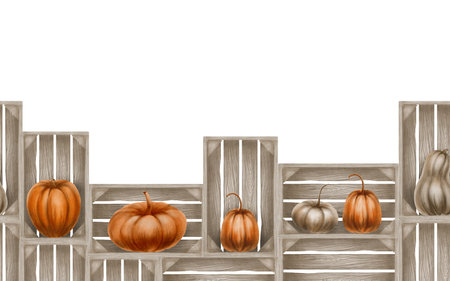 Seamless border rustic silver and orange pumpkins in a gray wooden crates from the fall harvest as a festive holiday symbol.Party decoration for Halloween,Thanksgiving. Watercolor patternの写真素材