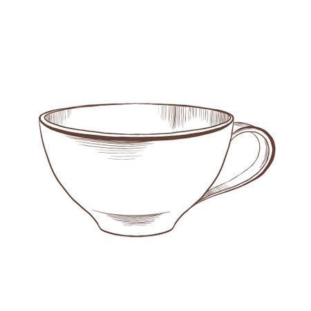 Classic simple cup with elegant handle as a piece of kitchen utensils and symbol of tea or coffee drinking,celebration or just a break.Vector illustration in minimalistic line art style is hand drawnのイラスト素材