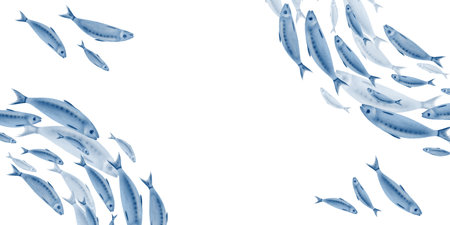 Sardine fish in a semicircular template swimming in a shoal stylized watercolor illustration on a transparent background for fish restaurants, websites, posters, fish markets and storesの写真素材