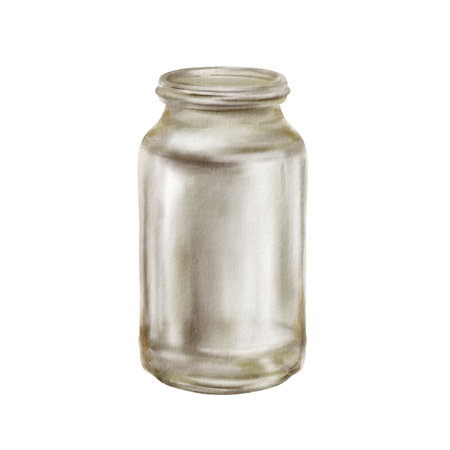 Empty tall glass clear jar green shade watercolor isolated illustration. Jar for preserving fruits and vegetables in summer. Minimalist container for homemade jam, honey, or spicesの写真素材
