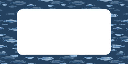 Sardine fish as a rectangular frame with white empty space for text.Swimming in a shoal stylized watercolor illustration on a blue background for fish restaurants,websites,posters,fish markets,storesの写真素材