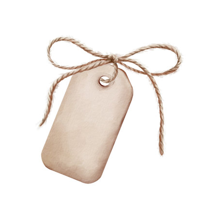 Vintage rectangular tag with rounded corners watercolor illustration.Twine bow through hole, rustic hand-painted label for packaging, gift wrapping, wedding favors and artisan branding projectsの写真素材