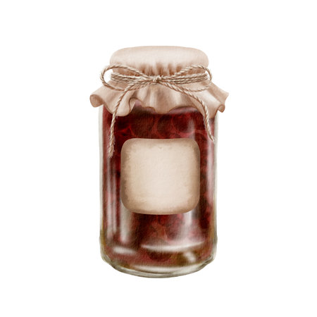 Cherry jam jar watercolor illustration. Vintage fabric lid with twine bow, square label. Hand-painted rustic preserves pot for packaging, culinary branding, kitchen decor, homemade goods labelsの写真素材
