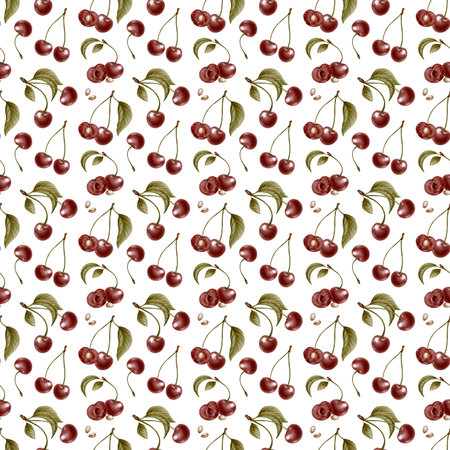 Ripe cherries and halved fruits pitted in seamless watercolor pattern on delicate branches....