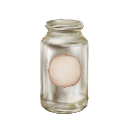 Empty tall glass clear jar with round label without lid green shade watercolor isolated illustration. Jar for preserving fruits and vegetables in summer.Minimalist container for homemade jam,honeyの写真素材