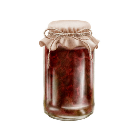 Cherry jam jar watercolor illustration. Vintage fabric lid with twine bow. Hand-painted rustic preserves pot for packaging, culinary branding, kitchen decor, homemade goods labelsの写真素材