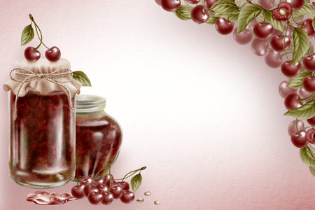 Template with glass jam jars with a textile lid and a twine bow,cherries with leaves and twigs,cherry pitted and a puddle of jam.Watercolor handdrawn for cookbooks, seasonal arrangements.の写真素材