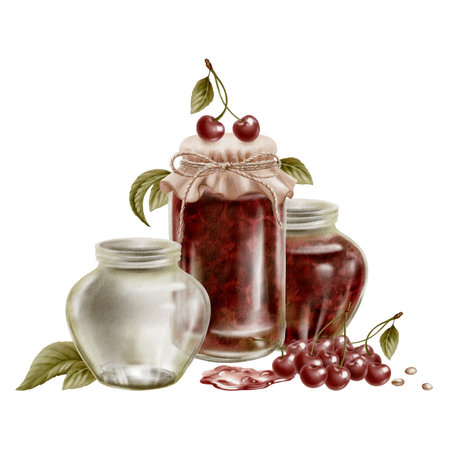 Glass jam jars with a textile lid and a twine bow, cherries with leaves and twigs,cherry pitted and a puddle of jam. Watercolor handdrawn isolated clip art for cookbooks, seasonal arrangements.の写真素材