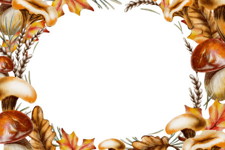 Mushrooms,maple and oak foliage,wheat sprigs and pine needles in a rectangular oval frame.Hand drawn wildlife illustration for decorating cards isolated on transparent backgroundの写真素材