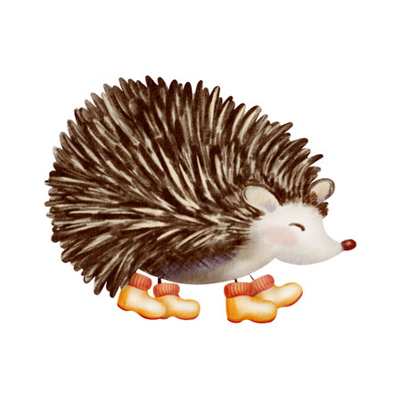 Adorable hedgehog on all fours in orange boots-a whimsical hand drawn illustration combining watercolor textures and colored pencil details. For stickers, postcard collections, booksの写真素材