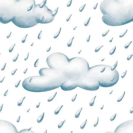 Cheerful cartoon rain clouds with falling droplets in seamless pattern,crafted with soft watercolor washes and textured colored pencils.For childrens books,weather themes and playful seasonal designsの写真素材