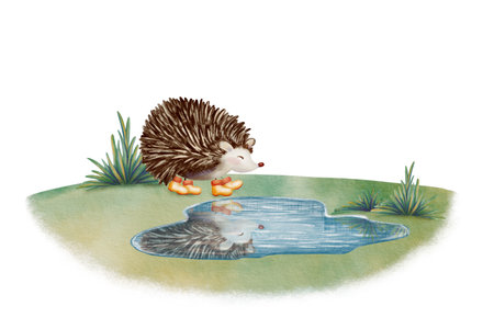 Thoughtful hedgehog looks at its reflection in a puddle on a grassy clearing. Hand drawn illustration in a mixed technique of watercolor and colored pencil in a childlike styleの写真素材