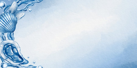 Marine seashells in semi-circular oval template:twisted spiky seashell,oyster,mussel,ribbed cemicircular seashell,laminaria,air bubbles in blue monochrome colors.Minimalism in watecolor illustrationの写真素材