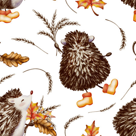 Forest character,a hedgehog,in a cute childrens style on seamless autumn pattern,wearing yellow rubber boots and holding a bouquet of wheat spikes,oak,maple leaves.Watercolor and colored pencils styleの写真素材