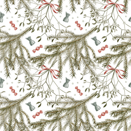 Vintage Christmas seamless pattern of spruce branches with candies,mistletoe branches and berries as a symbol of holiday,miracle.Watercolor patern on white background for cards,invitations,packageの写真素材