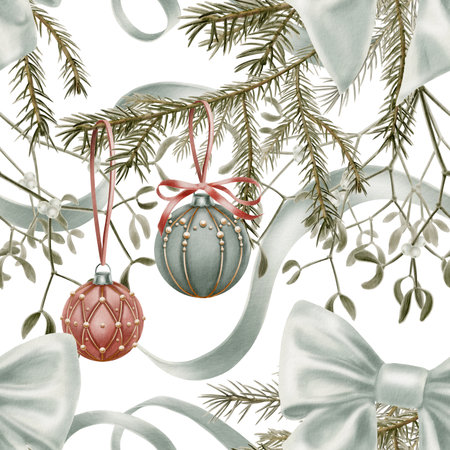 Vintage Christmas seamless pattern-velvet tree balls with beads and gold threads and red ribbon hanging from a spruce branch,sprigs of mistletoe,silk blue bow and wavy ribbons.Watercolor illustrationの写真素材
