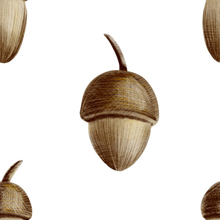 Acorns in seamless pattern as a symbol of autumn. Realistic watercolor illustration on transparent background. Hand painted seasonal clipart for autumn holidays.の写真素材