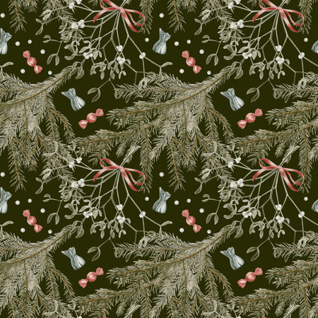 Vintage Christmas seamless pattern of spruce branches with candies,mistletoe branches and berries as a symbol of holiday,miracle.Watercolor patern on green background for cards,invitations,packageの写真素材