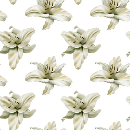 White lilies with leaves in seamless pattern,symbolizing purity,innocence,communion and marriage.Hand drawn watercolor illustration for chapel ceremonies,advertisementsの写真素材