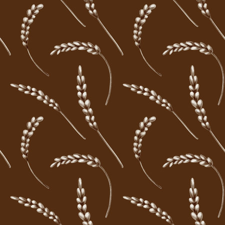 Seamless pattern with playful wheat stalks with brown grains,crafted with soft watercolor washes and textured colored pencils.For harvest themes,childrens books,rustic designs and wrapping paperの写真素材