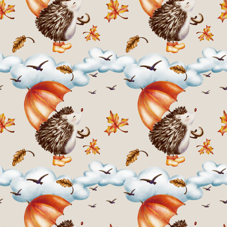 Autumn seamless pattern-Fluffy hedgehog with an orange umbrella and in yellow rubber boots standing on its hind legs and looks at the birds soaring away into the clouds.Watercolor and colored pencilsの写真素材
