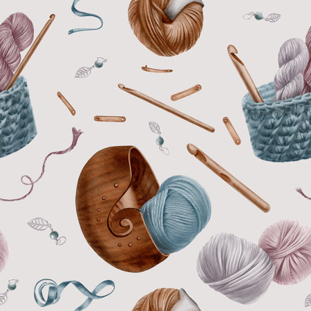 Seamless pattern dedicated to the hobby of crochet,featuring accessories like hook,woven and wooden basket,yarn balls,measuring tape,product tags and stitch markers.Hand drawn watercolor illustrationの写真素材