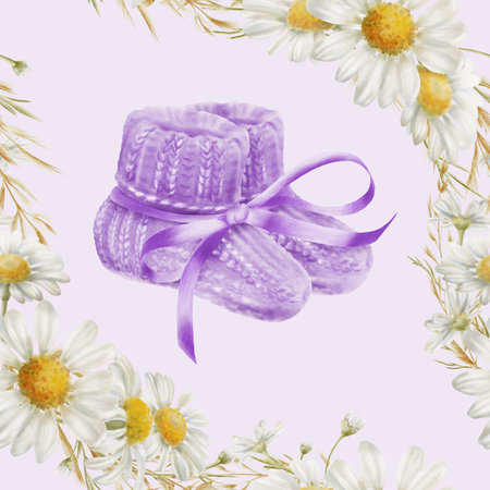 Symbol of World Prematurity Day-Purple knitted socks with ribbon,chamomile flowers symbolizing purity and childhood innocence.Watercolor seamless pattern for charity projects,social mediaの写真素材