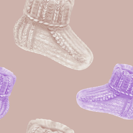 Beige and purple knitted socks in seamless pattern for World Prematurity Day awareness.Watercolor...