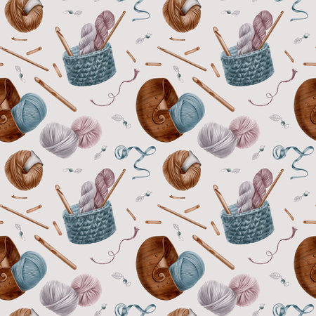 Seamless pattern dedicated to the hobby of crochet,featuring accessories like hook,woven and wooden basket,yarn balls,measuring tape,product tags and stitch markers.Hand drawn watercolor illustrationの写真素材