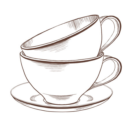 Stack of white porcelain or ceramic tea cups and saucers as part of a table setting. Hand drawn vector illustration in minimalistic style for decoration of cafe,menu,packagingのイラスト素材