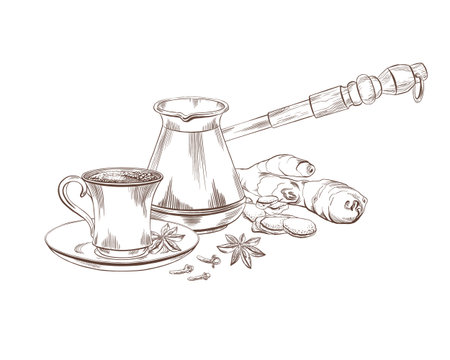 Eastern classic coffee pot and small coffee cup on a saucer with anise, cloves, and ginger as a symbol of oriental ceremonies,hospitality.Vector minimalistic line art for menu design,packagingのイラスト素材