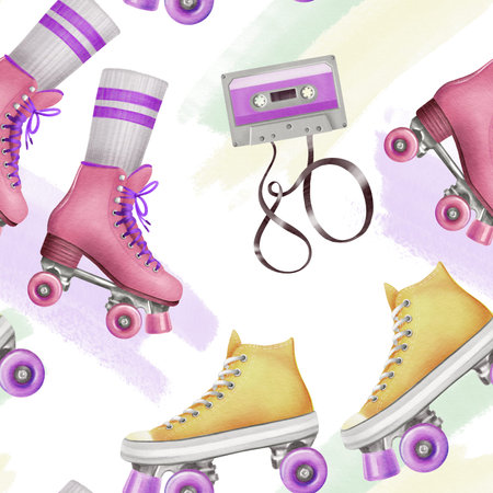 Two pairs of retro style roller skates in yellow and pink colors with white socks and purple wheels...