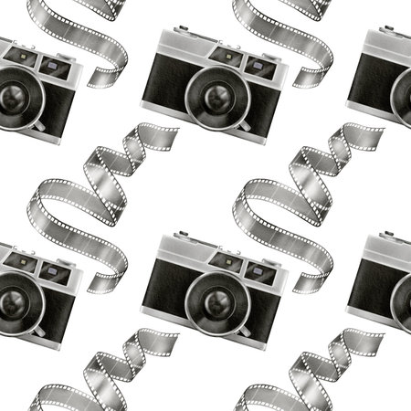 Retro camera,Photo film for analog camera in seamless pattern.Hand drawn watercolor illustration in...