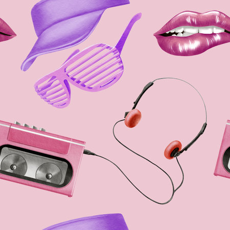 Retro seamless pattern Portable 80s, 90s style retro cassette player in pink color,headphones,trendy...