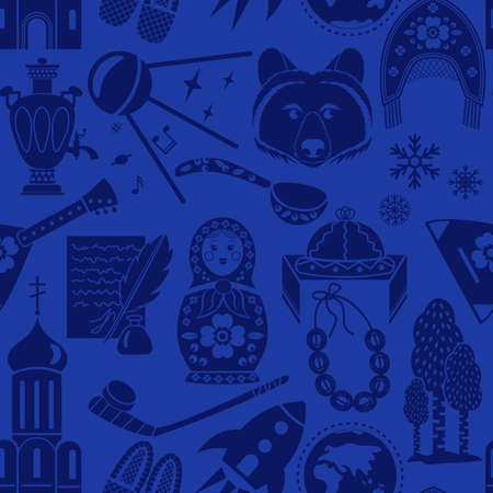 Matryoshka, balalaika, bear and other national symbols of Russia, ethnic, folk seamless pattern backgroundのイラスト素材
