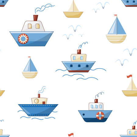 cartoon ships, boats, steamers and yachts with waves and seagulls vector seamless patternのイラスト素材