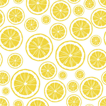 round slices of yellow sour citrus fruit lemon, hand-drawn seamless vector pattern on white backgroundのイラスト素材