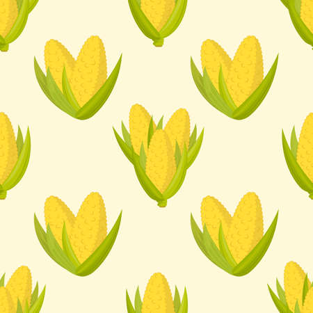 Ripe cobs of sweet corn with green leaves, seamless vector patternのイラスト素材