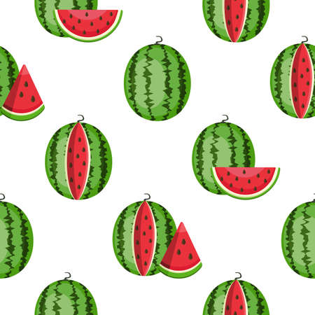 Green round watermelon fruit with stripes and fresh, juicy, red slices. Cartoon seamless background  with tasty summer harvest of watermelons.のイラスト素材