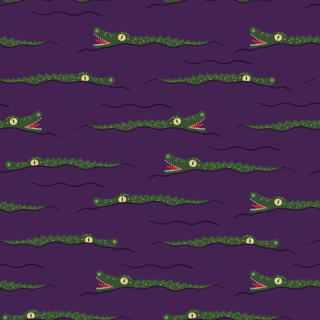 funny cartoon green crocodiles swim in a violet river, seamless vector background. Alligators with...
