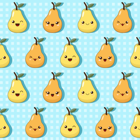 Cute cartoon emoji pears with smile faces, seamless vector background with kawaii yellow and orange fruit of pears on blue gingham background, funny pattern for kidsのイラスト素材
