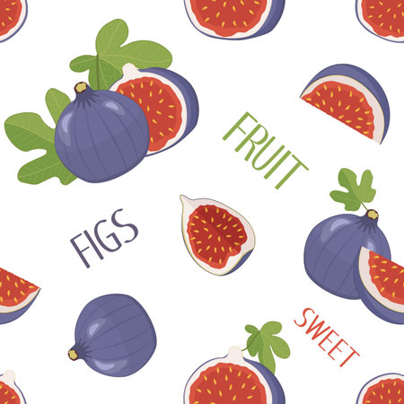Drawn fruit of fig, pieces, slices and leaves of figs in chaotic order with words, inscriptions,...