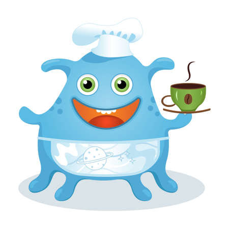 The kind alien cook is wearing a white hat and an apron, smiling and holding a cup of coffee.のイラスト素材