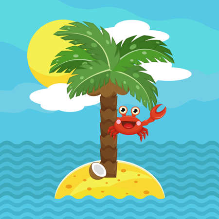 Cute cartoon smiling crab sits on a coconut palm on a sand island in the sea and greets and waves a claw. Funny vector postcard about summer and holiday.のイラスト素材